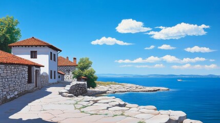 Nessebar's Ancient Coastal Houses - Picturesque old houses line a stone path overlooking the serene sea.  Symbolizing history, tranquility, coastal charm, architectural beauty, and summer vacation.
