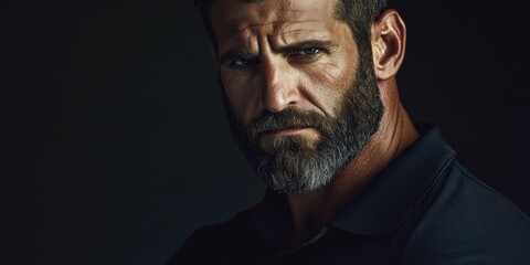 A man with a beard and intense gaze, possibly for a fashion advertisement.