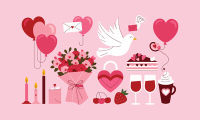 Vector illustration of Valentine's Day elements on a pastel pink background, easily editable.