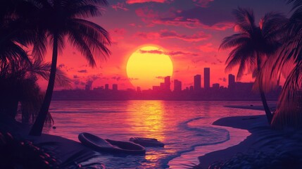 Obraz premium Sunset Scene with Palm Trees and City View