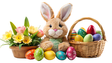 easter bunny with eggs and flowers, transparent background
