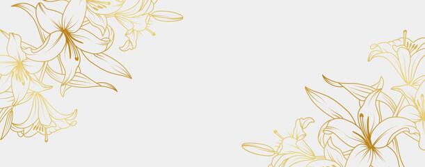 Luxury gold lily flowers background. Floral pattern tropical in line art style for greeting, invitation, wedding card, wall art, wallpaper and print. Vector illustration