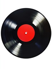Obraz premium Red vinyl record on black label, music album cover visible through clear center hole. Vintage feel to analogue sound.