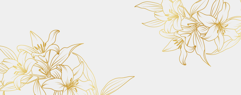 Luxury gold lily flowers background. Floral pattern tropical in line art style for greeting, invitation, wedding card, wall art, wallpaper and print. Vector illustration