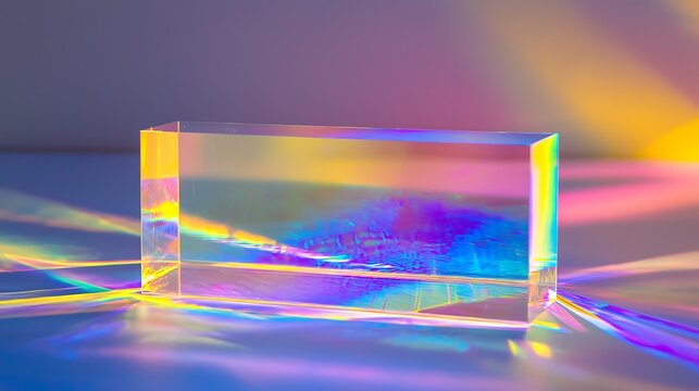 A clear cube with a rainbow reflection on it