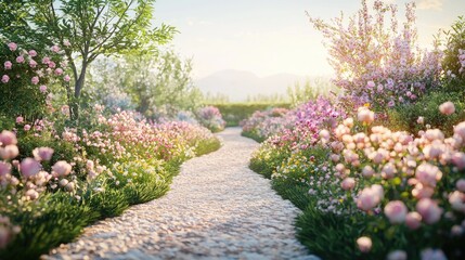 Serene garden path lined with colorful flowers
