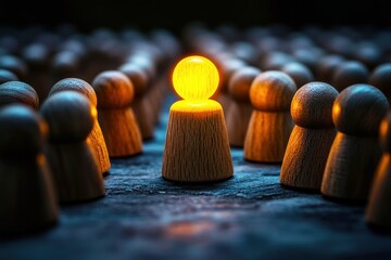 Shining Bright: A single wooden figurine, glowing with an inner light, stands out amidst a sea of identical figures. This powerful visual metaphor represents leadership, individuality.