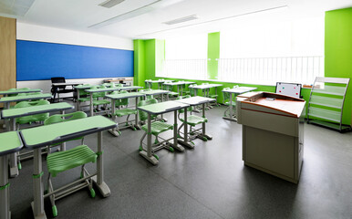 School classroom with desks and chairs