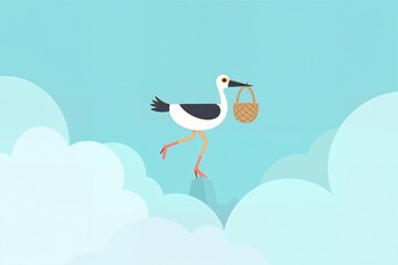 A cute illustration features a stork delivering a bundle high in the sky among fluffy clouds, embodying the classic delivery myth of new arrivals.