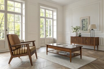 Fototapeta premium Vintage furniture with a modern interpretation, set in a bright minimalist room 