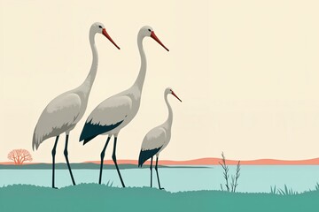Obraz premium This artwork features a serene scene with three cranes standing near water, highlighting the beauty of traditional crane painting in a minimalist style.
