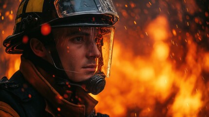 Close up of firefighter bravely fighting a wildfire