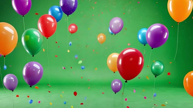 Birthday balloons, pennant on green screen.