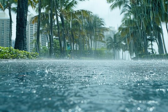 A rainy day in a city with palm trees