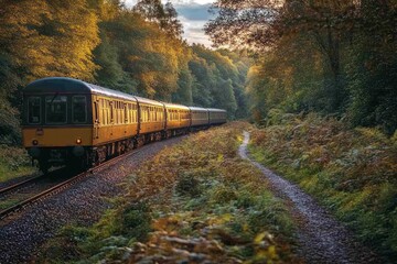 Obraz premium Train through autumnal forest, golden sunlight.