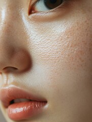 Close-up of a person's face displaying texture and pores, emphasizing the effects of skincare products.