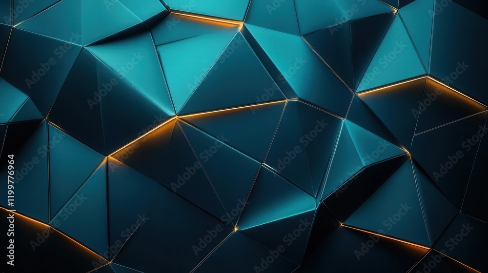 Poster a modern geometric pattern featuring teal triangular shapes with subtle lighting effects, creating a