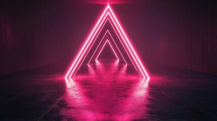A futuristic scene featuring glowing pink triangular neon lights set against a dark, reflective background.