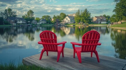 Fototapeta premium Red chairs facing lake on dock