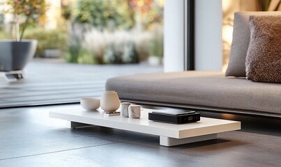 Modern minimalist living room with low coffee table, decorative bowls, and electronic device.