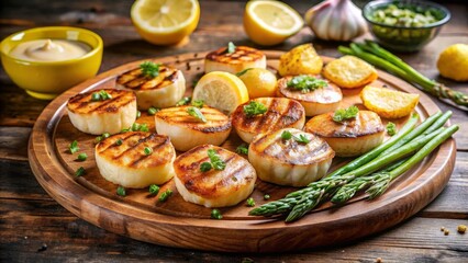 Fototapeta premium Grilled scallops with lemon garlic butter sauce, served on a wooden board with grilled asparagus and roasted potatoes, highlighted by warm lighting.