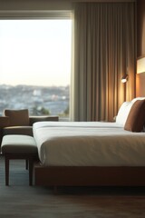 Fototapeta premium The image depicts a well-lit, modern hotel room with a large window offering a stunning view of the city skyline. The bedroom is furnished with two double beds and contemporary decor