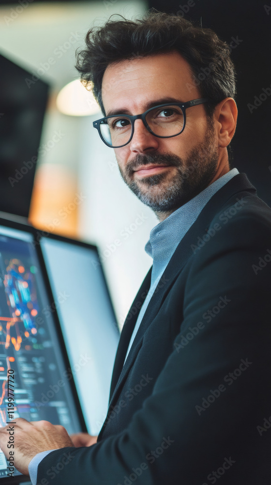 Leinwandbilder confident businessman analyzing financial graphs on a computer screen while working in a modern offi