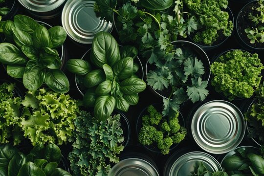 Colorful array of fresh herbs in cans, showing variety and use for cooking.
