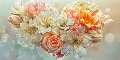 A dreamy floral arrangement, with layers of roses, tulips, and lilies forming a perfectly symmetrical heart. 