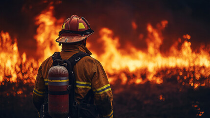 Naklejka premium Close up of firefighter bravely fighting a wildfire