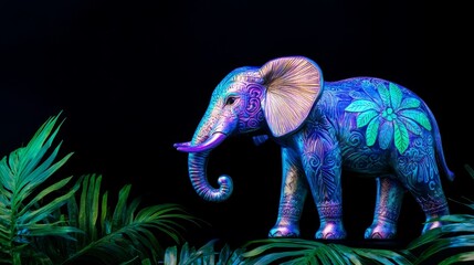 Obraz premium Ornate Elephant Figurine - A vibrant, iridescent elephant figurine adorned with intricate floral patterns, set against a dark background with lush tropical leaves.