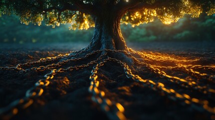 Ancient tree roots bound by glowing chains.