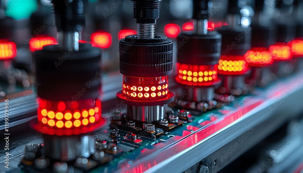 Fototapete Close-up View of Electronic Components with Illuminated Red Indicators on a Circuit Board in a High-Tech Manufacturing Environment
