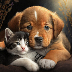 Fototapeta premium Adorable puppy and kitten lying together in a loving embrace 