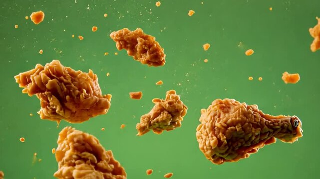 Hot and crispy fried chicken flying mid-air on green screen