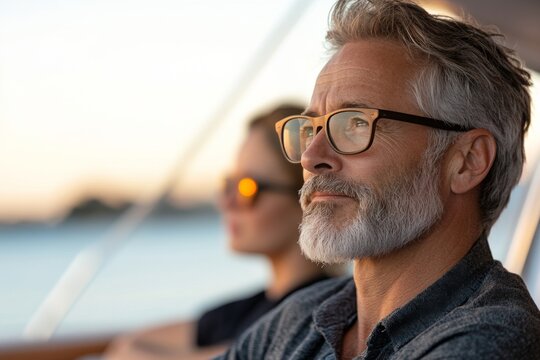 Man with grey hair and glasses enjoys a sunset view on a boat while a woman sits in the background among soft water waves