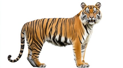 Obraz premium A majestic tiger standing confidently, its stripes vivid and bold, isolated on white,
