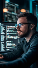 Fototapeta premium Dedicated programmer coding intensely, solving complex problems with concentration while illuminated by laptop glow in dark workspace