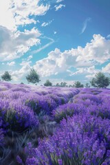 Obraz premium A picturesque purple lavender field under a bright blue sky.