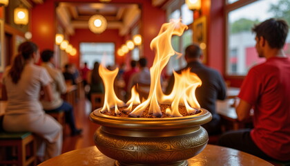Burning incense in golden urn at temple, peaceful worship atmosphere