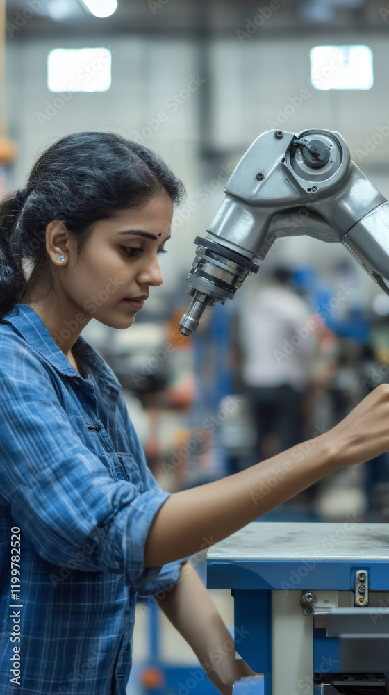 Fototapete female industrial engineer operating a robotic arm while managing processes in a cutting-edge factor