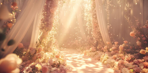 A dreamy pathway adorned with flowers, illuminated by soft light, creating a romantic atmosphere.