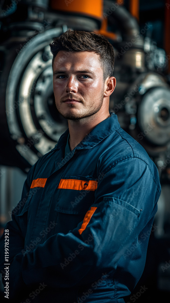 Poster young engineer posing with crossed arms in front of industrial machinery, showcasing professionalism