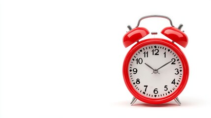 Red Alarm Clock on White Background - A classic red alarm clock sits on a clean white background, showcasing its simple design and bright color.  Perfect for time management or wake-up concepts.
