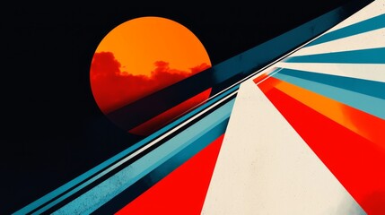 Abstract geometric composition with vibrant colors, sun silhouette, and sharp angular shapes