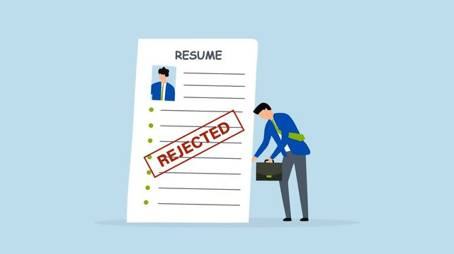 Job application rejected, 4k animation of dejected entrepreneur holds his declined job application paperwork. 