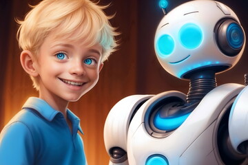 A blond boy is smiling next to a white robot with glowing blue eyes