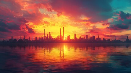 Fototapeta premium Breathtaking Sunset Over Industrial Skyline Reflecting on Calm Water with Vibrant Colors and Silhouettes of Towers and Pipelines in the Horizon
