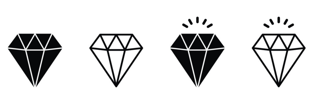 Diamond icon set. Different shapes of diamond. Dimond icon set in flat style. Abstract black diamond icons collection. Gemstone icon set. Diamonds logo design. Vector isolated white background.