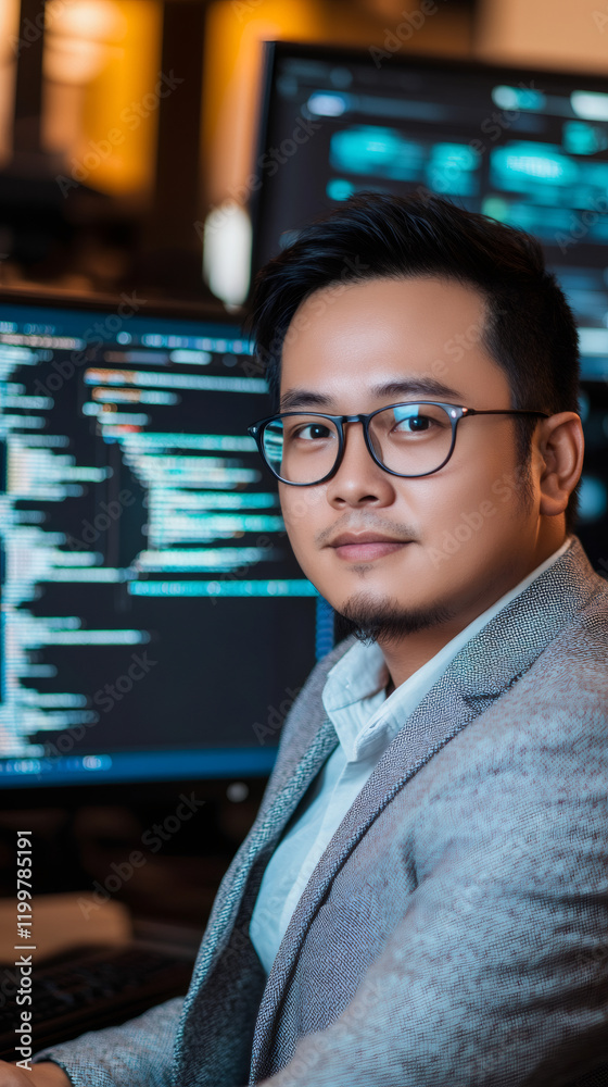 Poster asian software developer working late at night, focused on complex computer code displayed on the sc